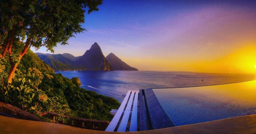 Caille Blanc Villa sunset with infinity pool and Pitons.