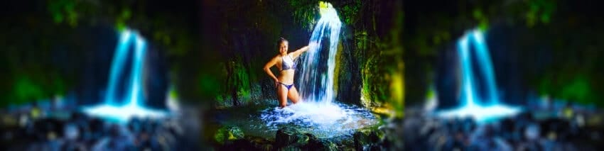 goldbug hot springs idaho with pretty chilean girl in bikini under waterfall